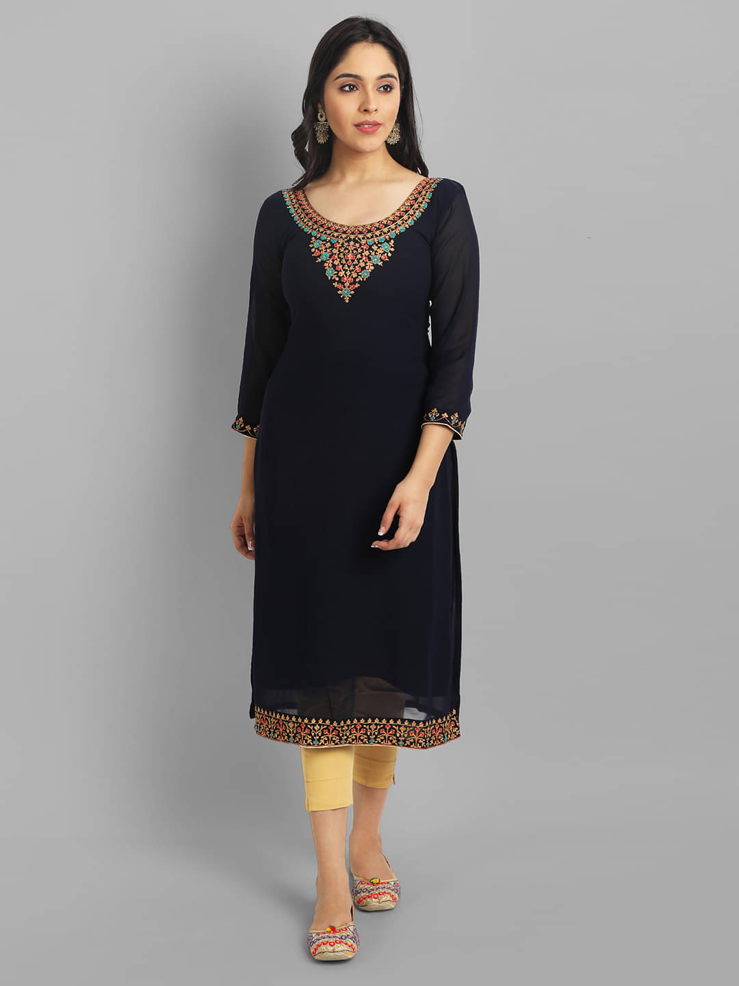 JASH CREATION - Black Georgette Women's Straight Kurti ( Pack of 1 ) JASH CREATION - Black Georgette Women's Straight Kurti ( Pack of 1 )