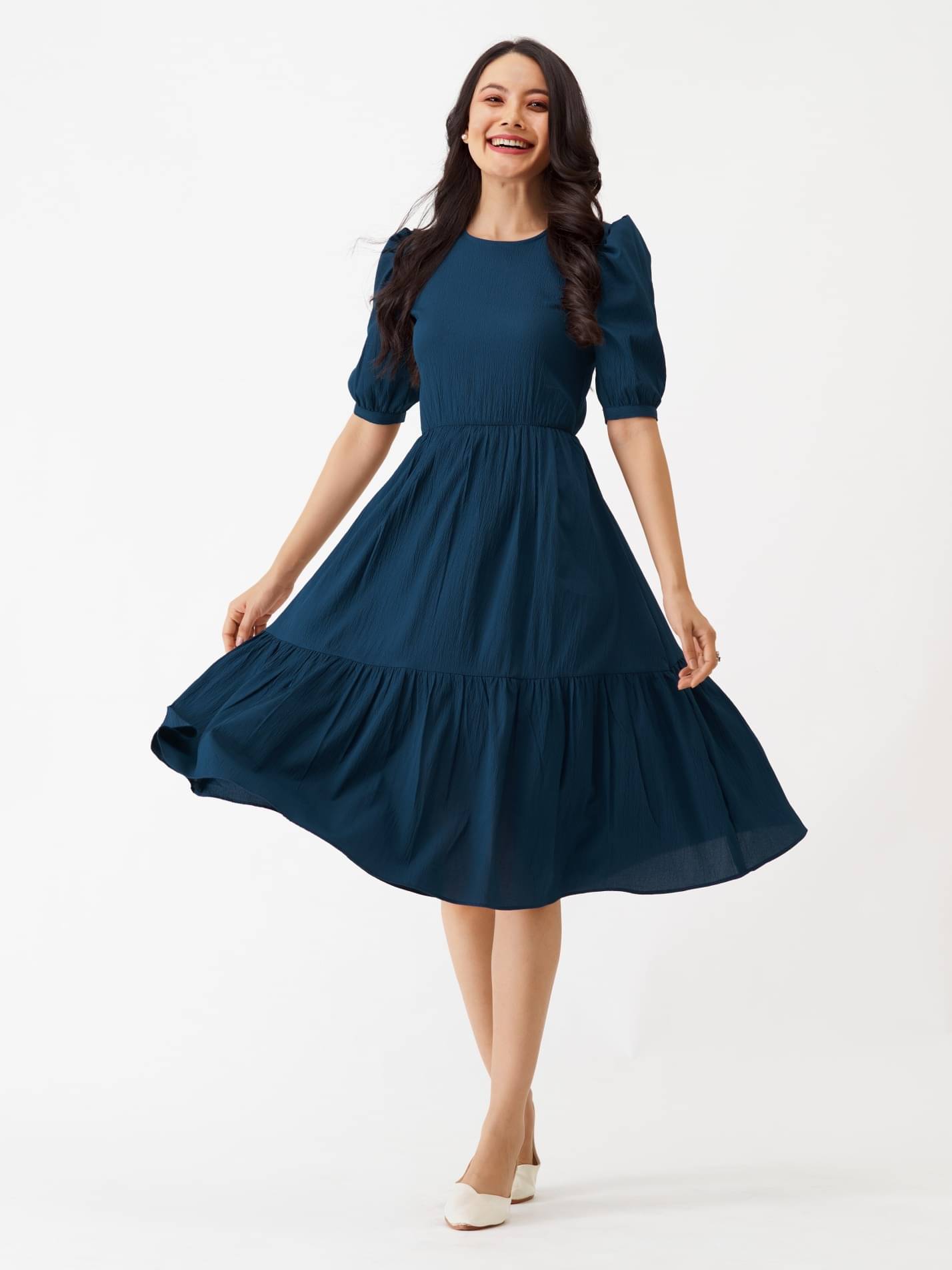 JASH CREATION Women Rayon Solid Fit & Flare Dress ( Blue ) JASH CREATION Women Rayon Solid Fit & Flare Dress ( Blue )