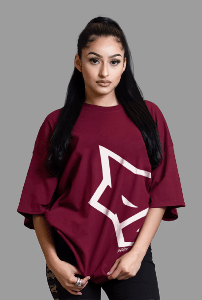 Leotude Women Cotton Blend Printed Oversized Fit Round Neck T-Shirt ( Maroon )