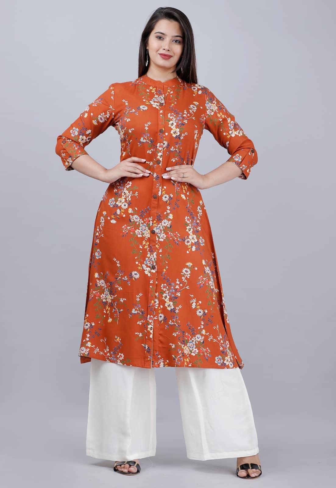 MAUKA - Brown Front Slit Rayon Women's Stitched Salwar Suit ( Pack of 1 )