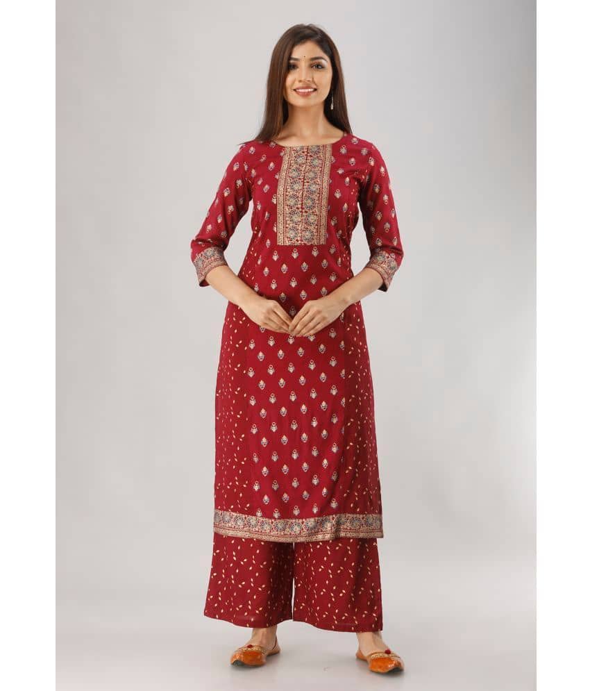 MAUKA - Maroon Straight Rayon Women's Stitched Salwar Suit ( Pack of 1 )