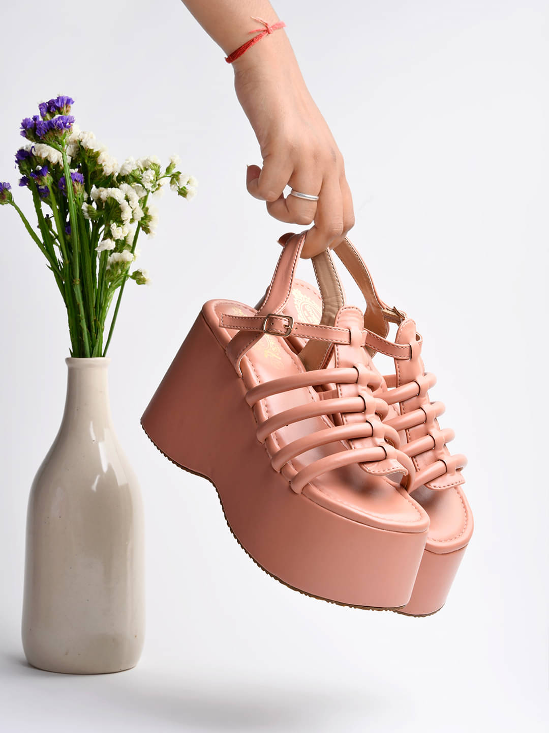     			Shoetopia Multi Straps Casual Peach Platforms & Girls