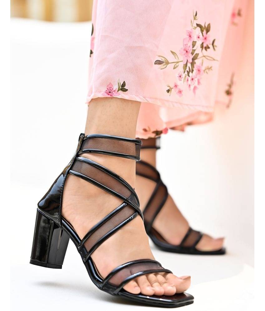 Shoetopia Patent Multi Cross Strap Black Block Heeled Sandals & Girls     			Shoetopia Patent Multi Cross Strap Black Block Heeled Sandals & Girls