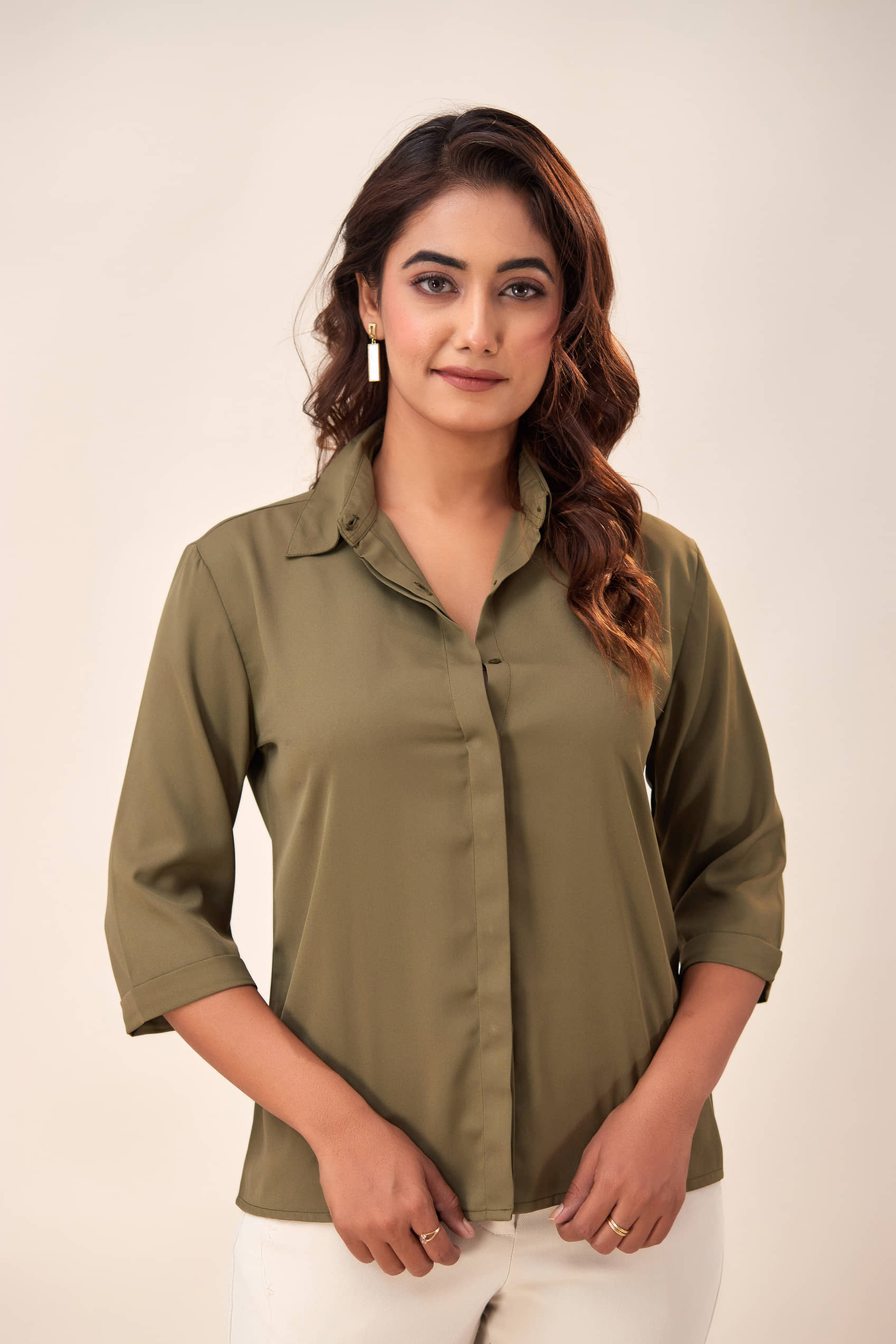 NeshamaKurti Women Solid Crepe Shirt ( Olive )