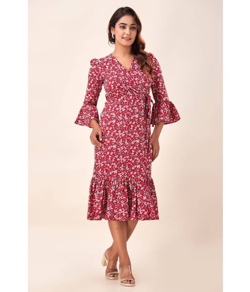 NeshamaKurti Women Crepe Printed Wrap Dress ( Red ) NeshamaKurti Women Crepe Printed Wrap Dress ( Red )