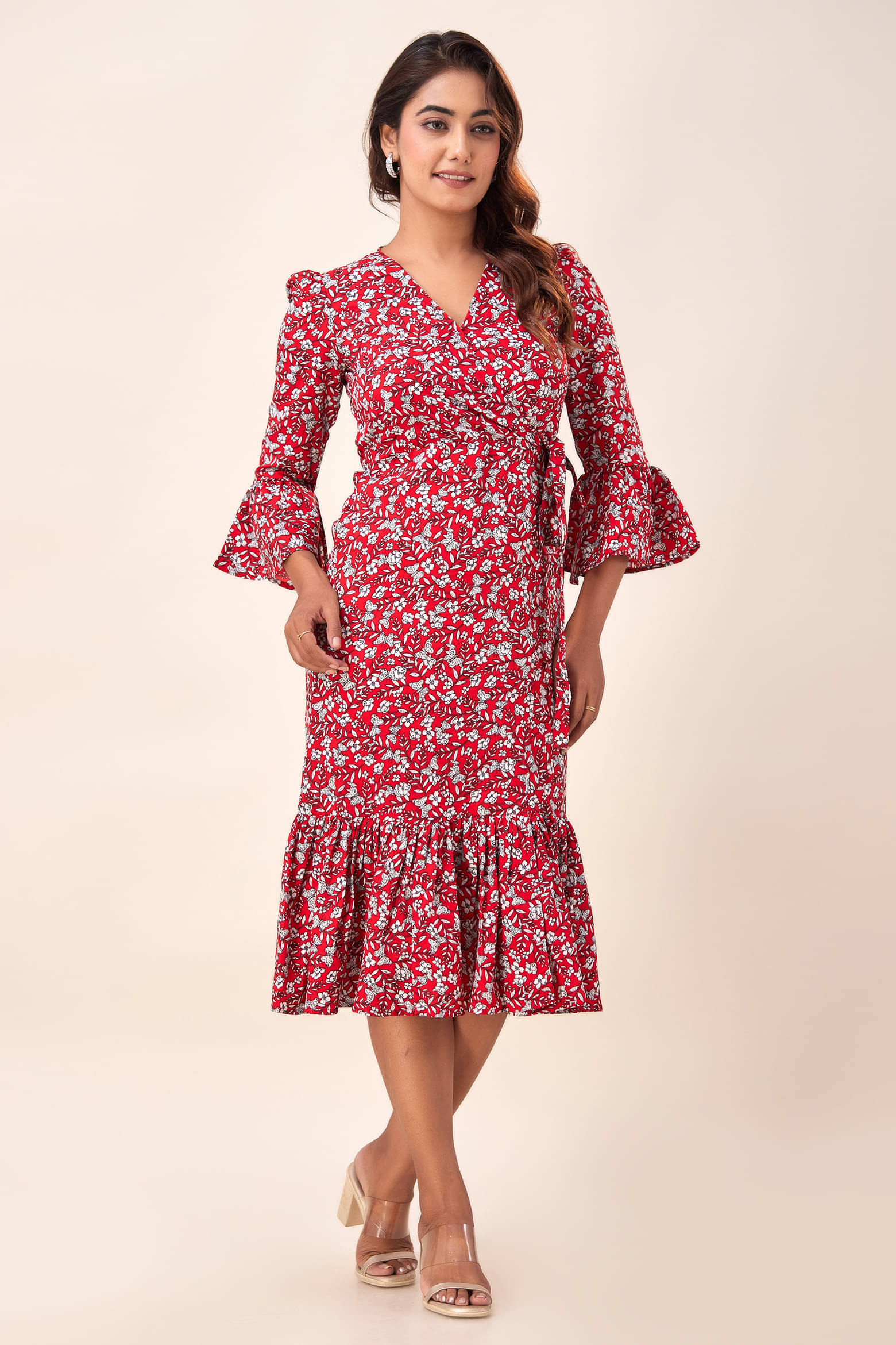     			SVARCHI Women Crepe Printed A-line Dress ( Red )