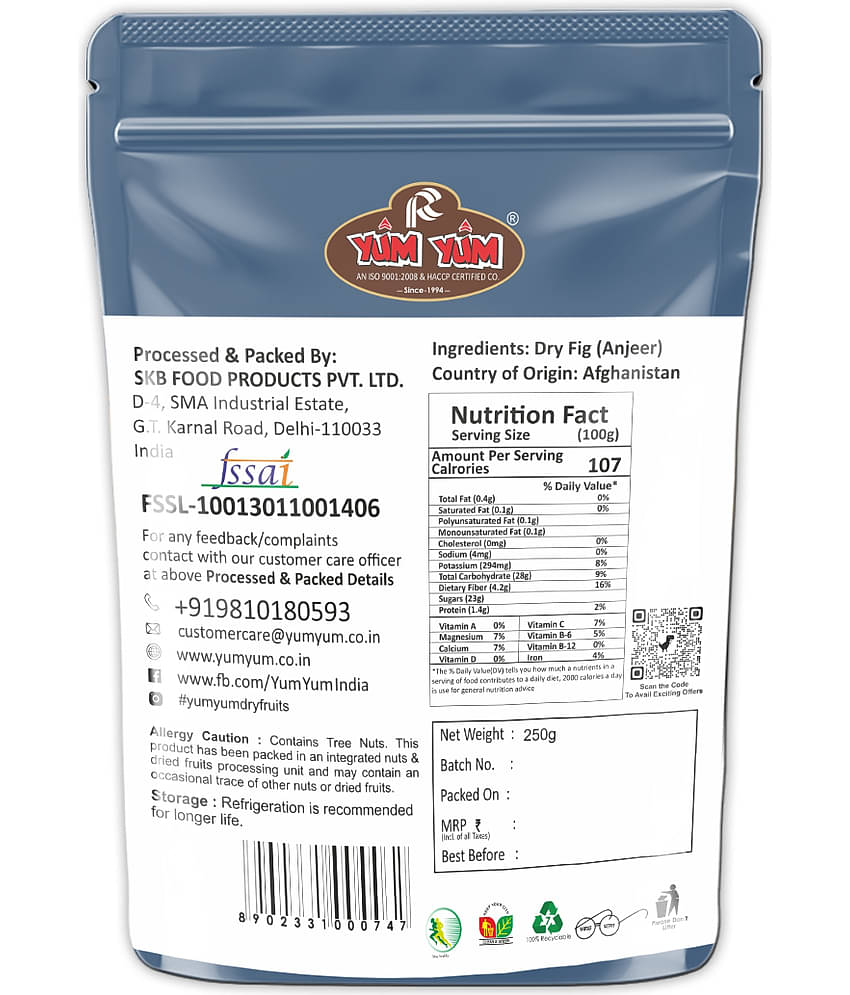 YUM YUM Premium Afghani Anjeer - 250g | Dried Fig | Natural, Rich in Iron & Fibre - Figs (250 g)