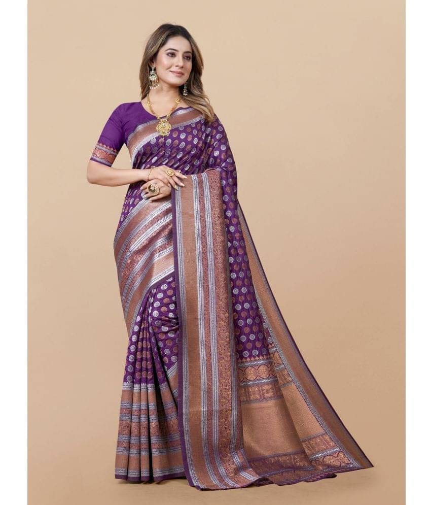 Gazal Fashions Banarasi Silk Printed Saree With Unstitched Blouse Piece ( Purple ) Gazal Fashions Banarasi Silk Printed Saree With Unstitched Blouse Piece ( Purple )