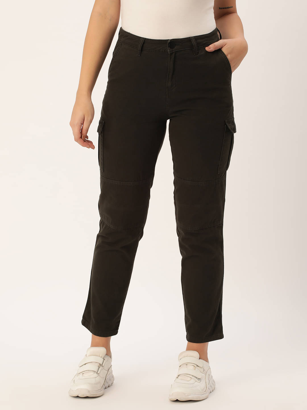     			Women Alpine Green Slim Fit Solid Cargo Trousers