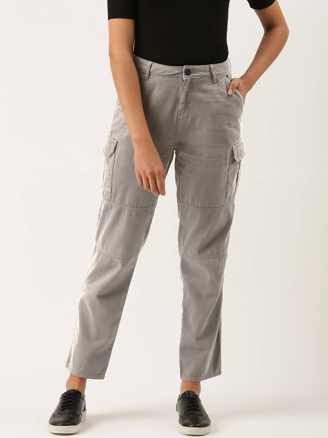     			Women Silver Grey Slim Fit Solid Cargo Trousers