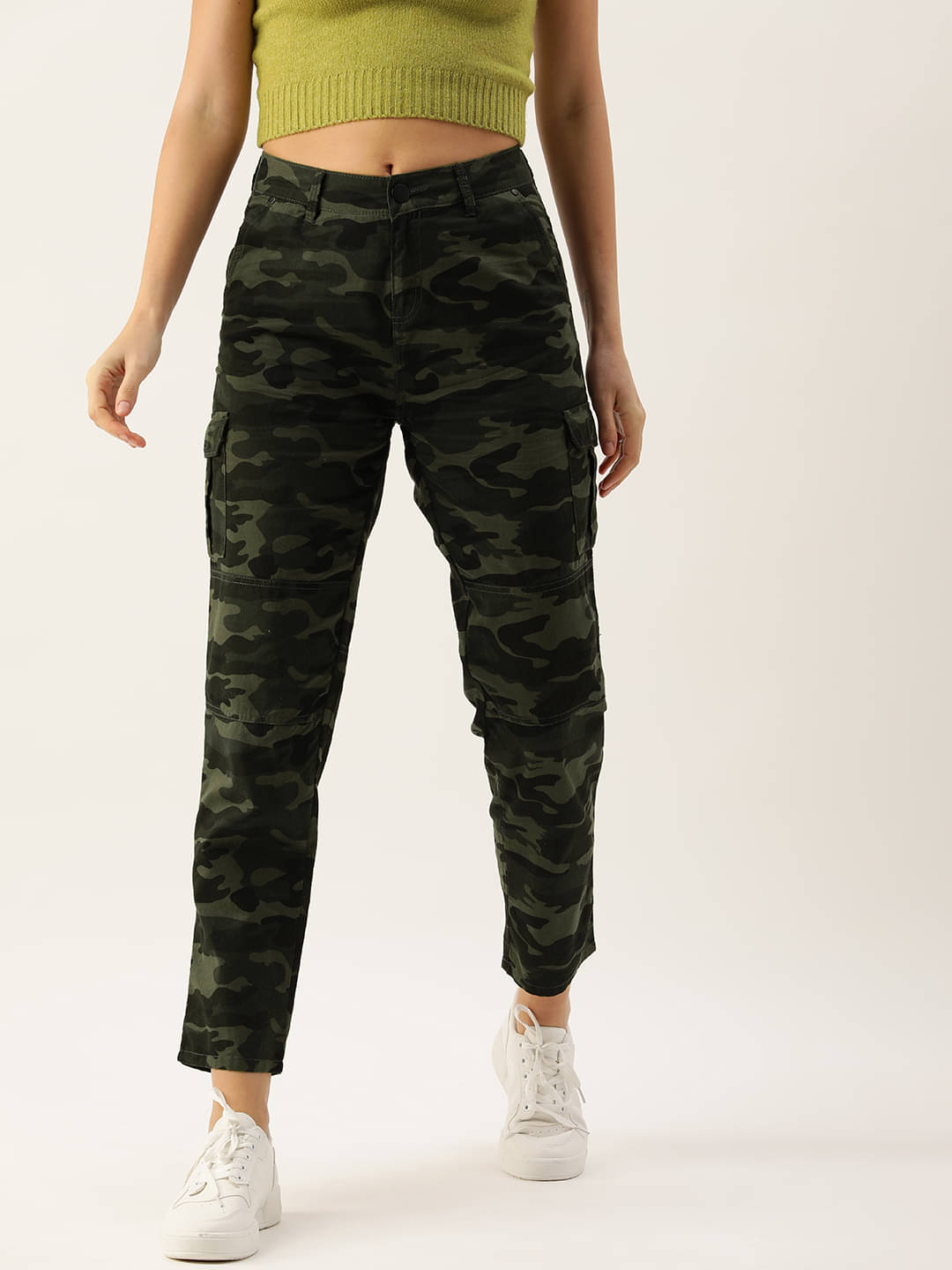     			Women Olive Slim-Fit Camouflage Cargo Trousers