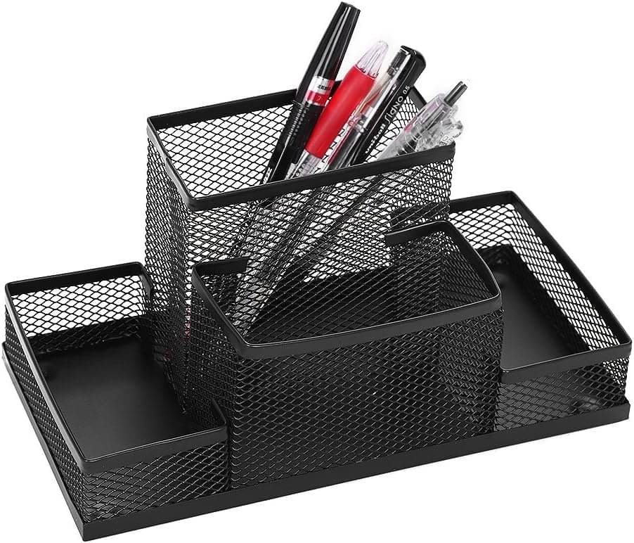     			Jellify Pen Holder for Desk Mesh Metal Pencil Holders Pen Cup Marker Holder Desk Caddy with Sticky Notes Holder Pen Organizer for Office Supplies Workspace School Home Black (4 Compartment)