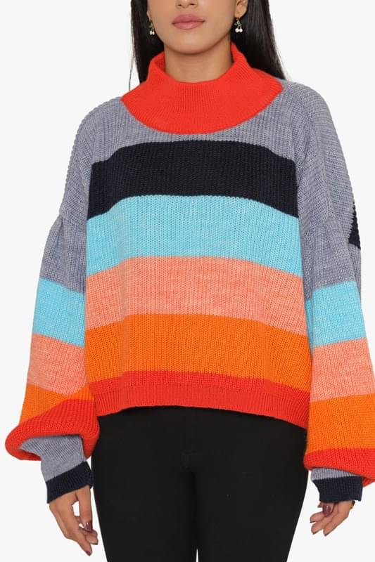 KASMA Women Cotton Blend High Neck Pullover ( Multicolor )     			KASMA Women Cotton Blend High Neck Pullover ( Multicolor )