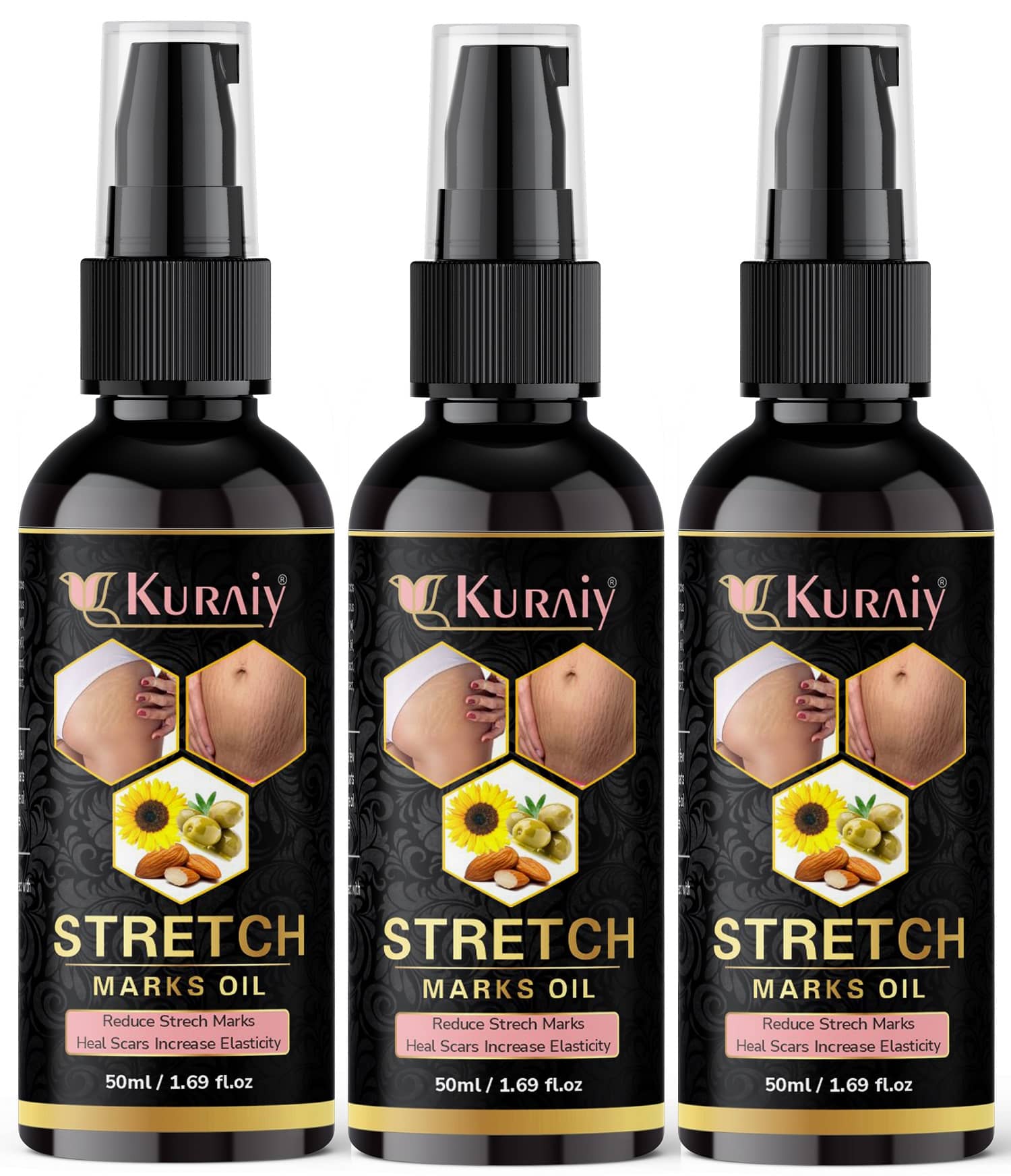 Kuraiy Natural Stretch Oil with Coconut, Olive & Jojoba Oils, For Scars & Stretchmark Oil