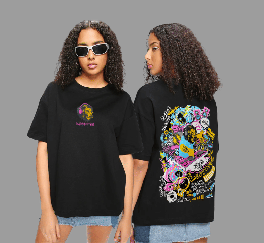 Leotude Women Cotton Blend Printed Oversized Fit Round Neck T-Shirt ( Black )