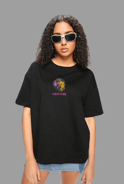 Trond Women Cotton Blend Printed Oversized Fit Round Neck T-Shirt ( Black )