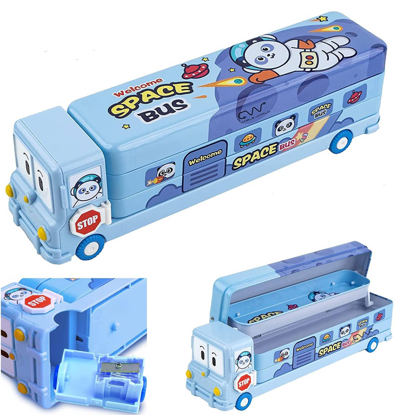 Villy Pencil Box with Wheel Tyres&Sharpner Double Compartment Bus Shape Geometry Box