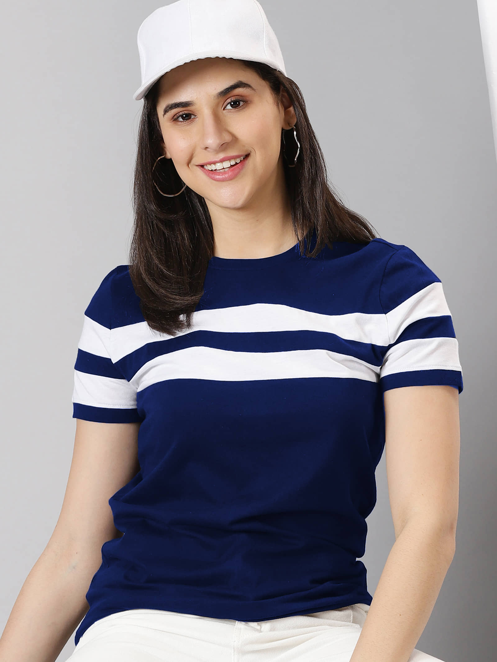 AUSK Women Cotton Blend Colorblock Regular Fit Round Neck T-Shirt ( White )