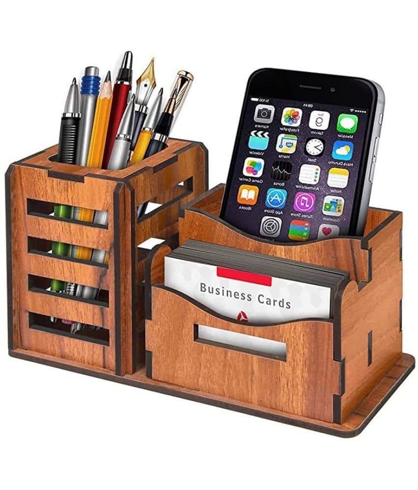 BIG BOSS ENTERPRISES 3 in 1 Pen Stand with Visiting Card & Mobile Holder Multipurpose Wooden Desk Organizer Pen and Pencil Stand for Office Table with Business Card Holder Box and Mobile Stand - Stationery | Buy online on ZillyBuy