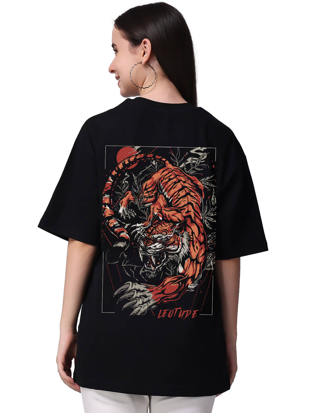 Leotude Women Cotton Blend Printed Oversized Fit Round Neck T-Shirt ( Black )