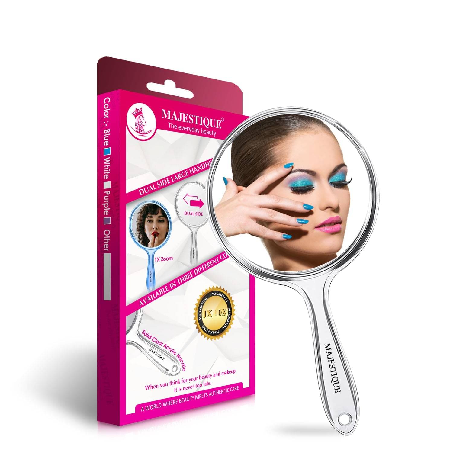    			Majestique Dual Side Large Handheld Mirror, 1X/10X Magnifying Perfect for Shaving, Makeup - White