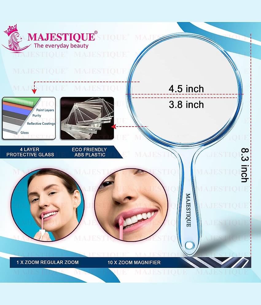 Majestique Dual Side Large Handheld Mirror, 1X/10X Magnifying Perfect for Shaving, Makeup - Blue