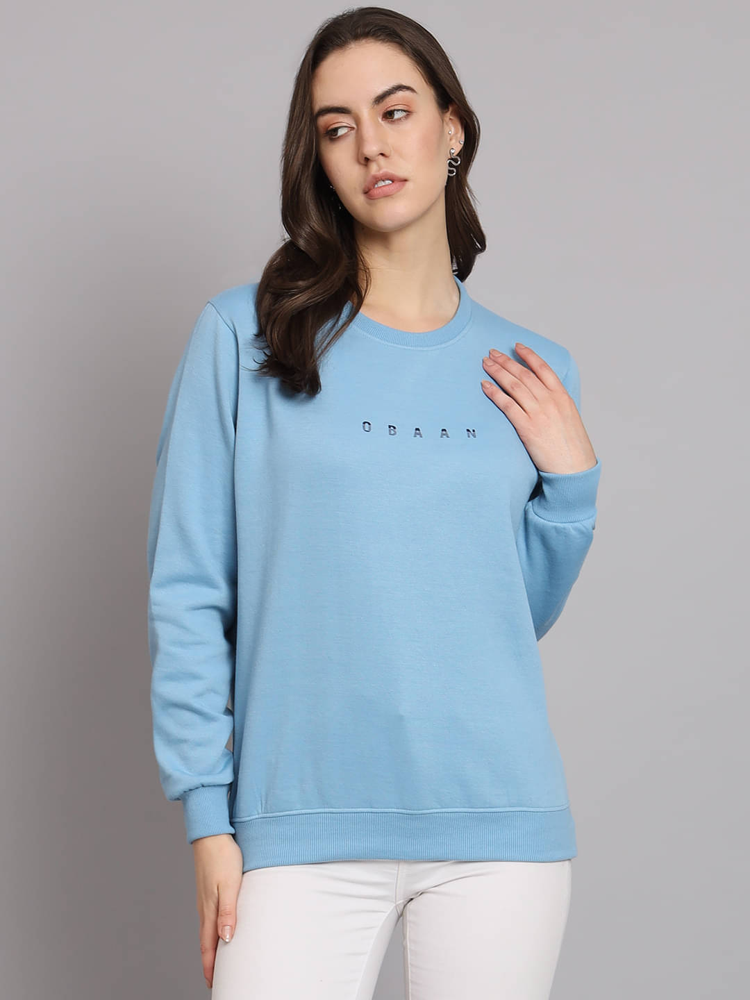     			OBAAN Women Cotton Blend Round Neck Sweatshirt For ( Blue )
