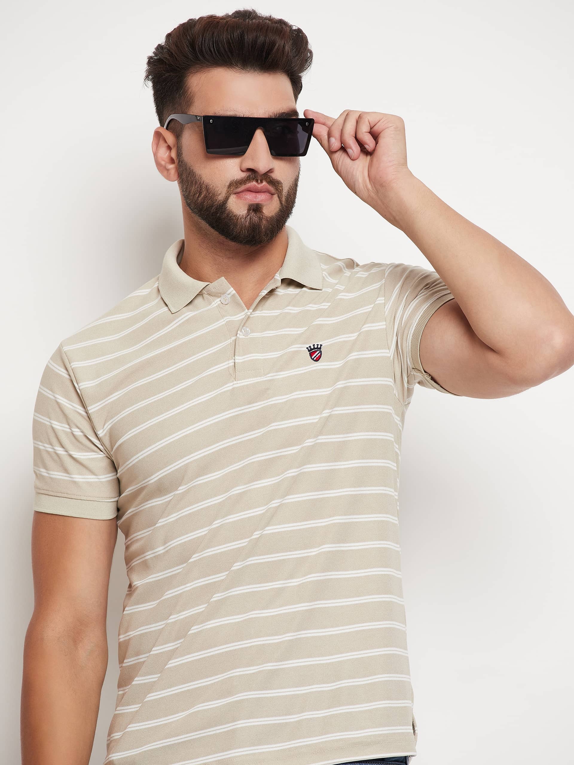 RELANE Pack of 1 Cotton Blend Regular Fit Striped Half Sleeves Men's Polo T Shirt ( Beige )