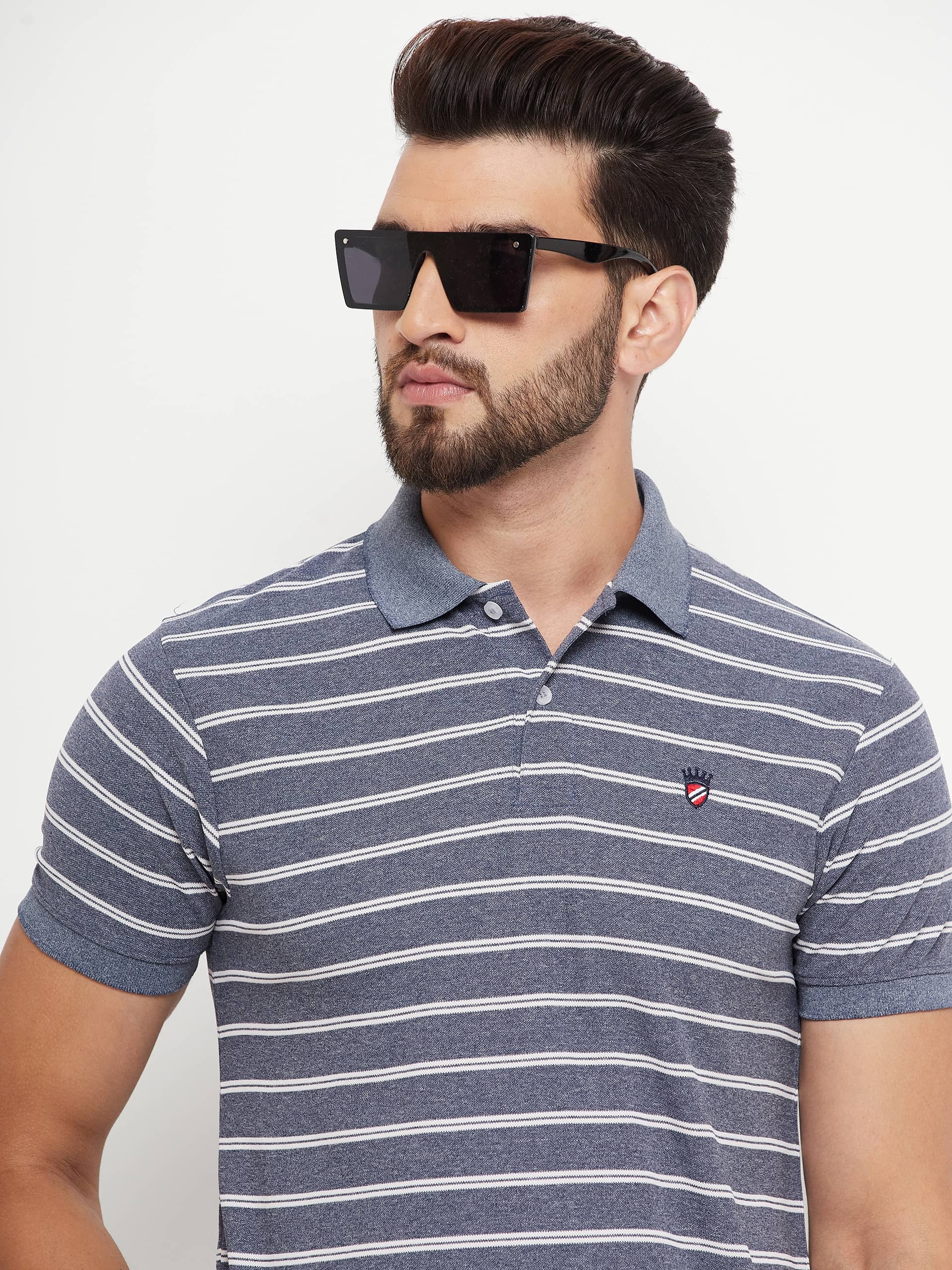 RELANE Pack of 1 Cotton Blend Regular Fit Striped Half Sleeves Men's Polo T Shirt ( Grey Melange )