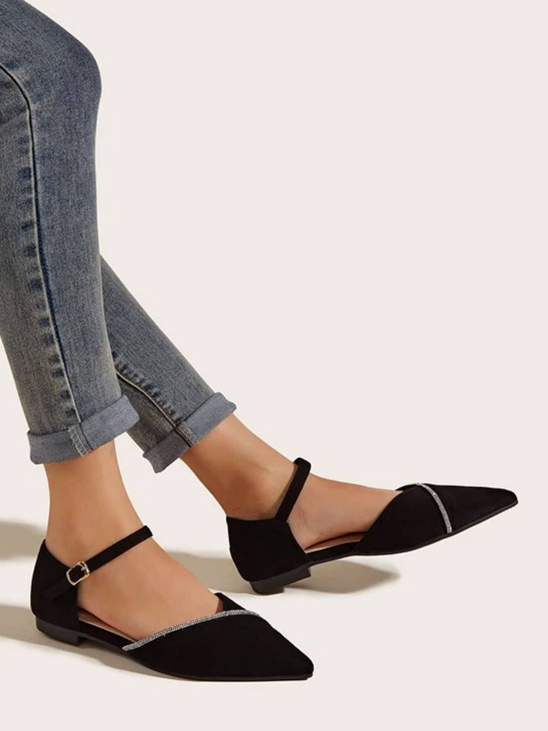     			Shoetopia Rhinestone Decor Point Toe Ankle Strap Black Ballet Flats For Girls