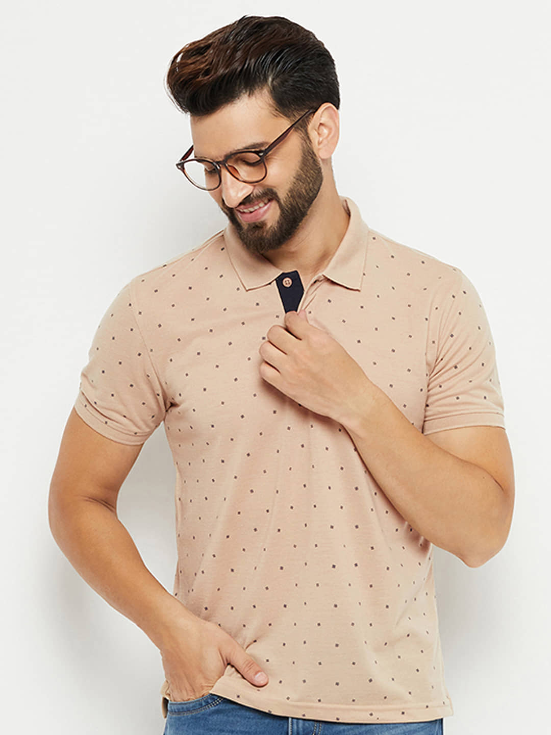 XFOX Pack of 1 Cotton Blend Regular Fit Printed Half Sleeves Men's Polo T Shirt ( Beige )