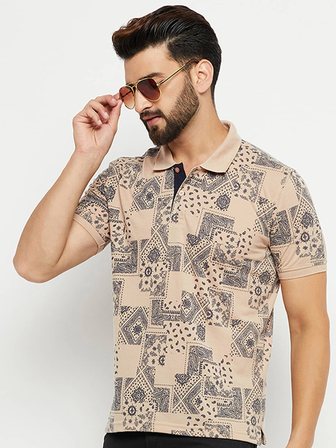 XFOX Pack of 1 Cotton Blend Regular Fit Printed Half Sleeves Men's Polo T Shirt ( Beige )