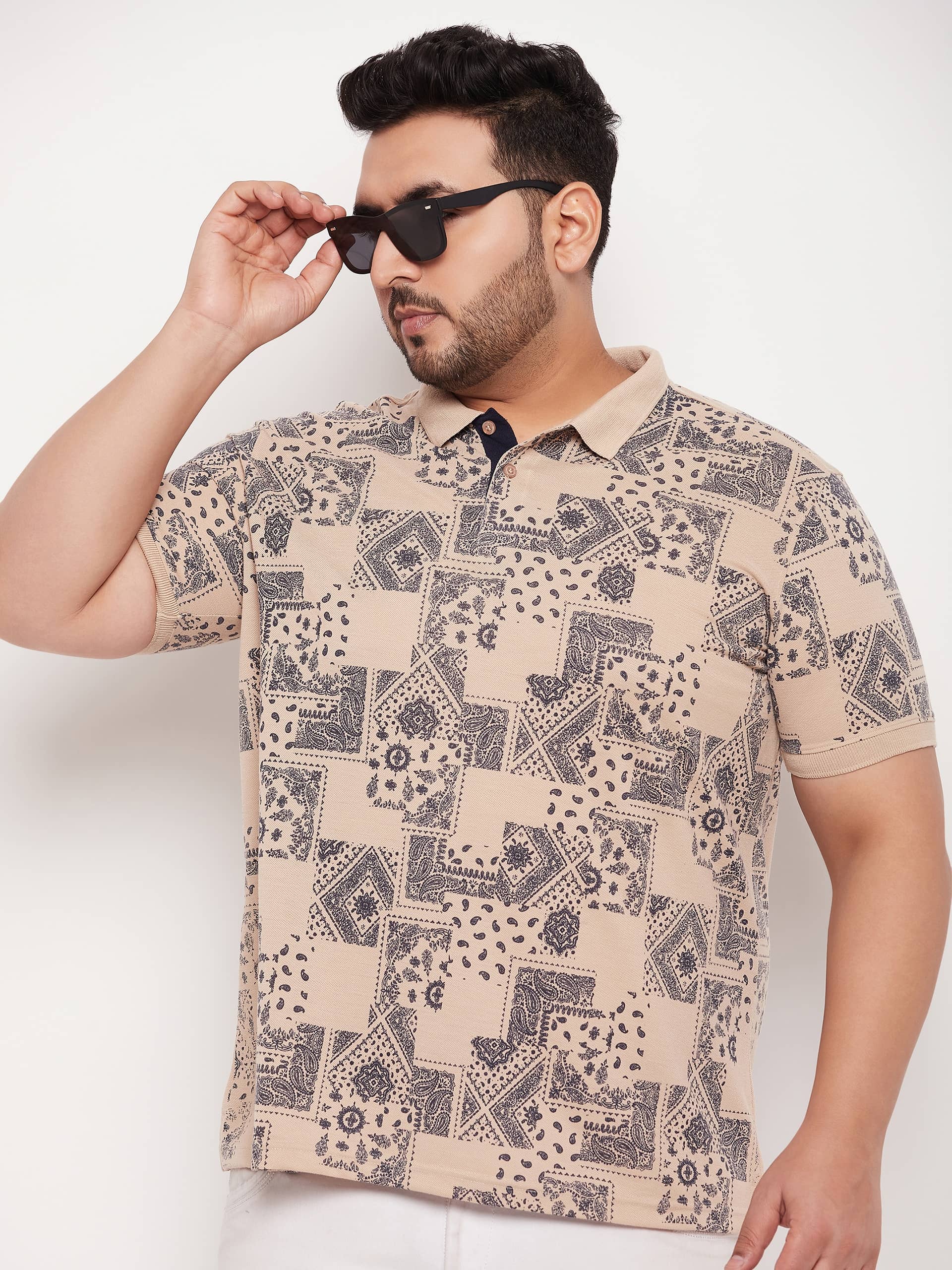 XFOX Pack of 1 Cotton Blend Regular Fit Printed Half Sleeves Men's Polo T Shirt ( Beige )