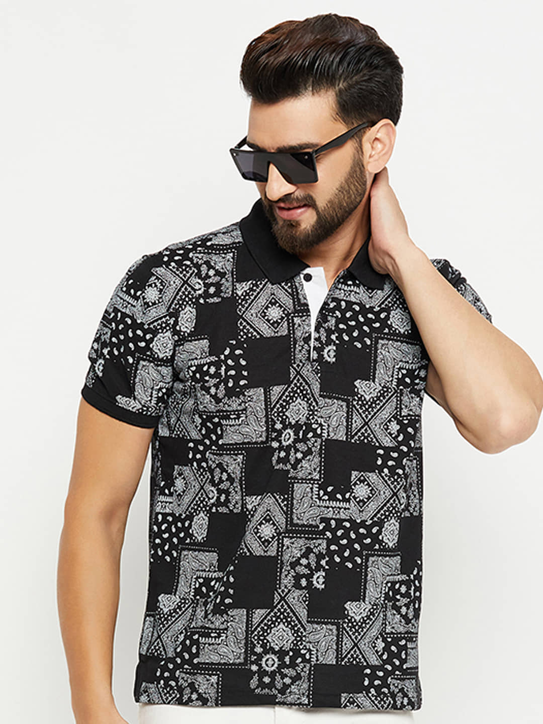 XFOX Pack of 1 Cotton Blend Regular Fit Printed Half Sleeves Men's Polo T Shirt ( Black )