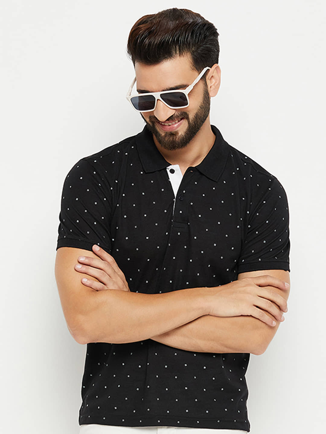 XFOX Pack of 1 Cotton Blend Regular Fit Printed Half Sleeves Men's Polo T Shirt ( Black )