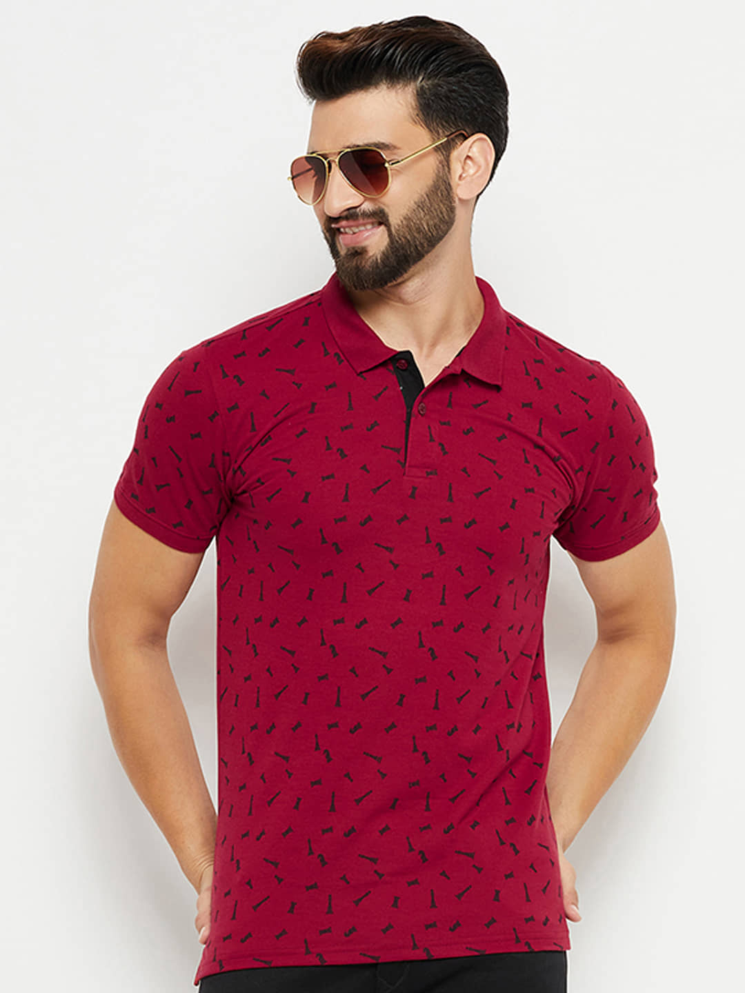 XFOX Pack of 1 Cotton Blend Regular Fit Printed Half Sleeves Men's Polo T Shirt ( Burgundy )
