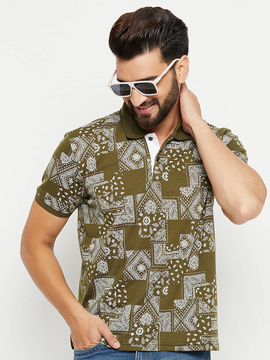 XFOX Pack of 1 Cotton Blend Regular Fit Printed Half Sleeves Men's Polo T Shirt ( Olive )