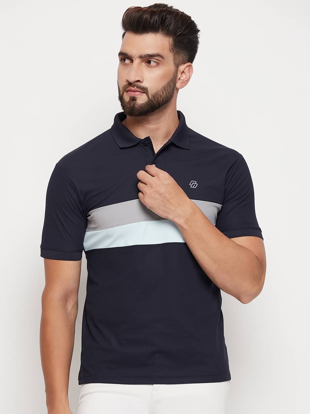 renuovo Pack of 1 Cotton Blend Regular Fit Colorblock Half Sleeves Men's Polo T Shirt ( Navy Blue )     			renuovo Pack of 1 Cotton Blend Regular Fit Colorblock Half Sleeves Men's Polo T Shirt ( Navy Blue )