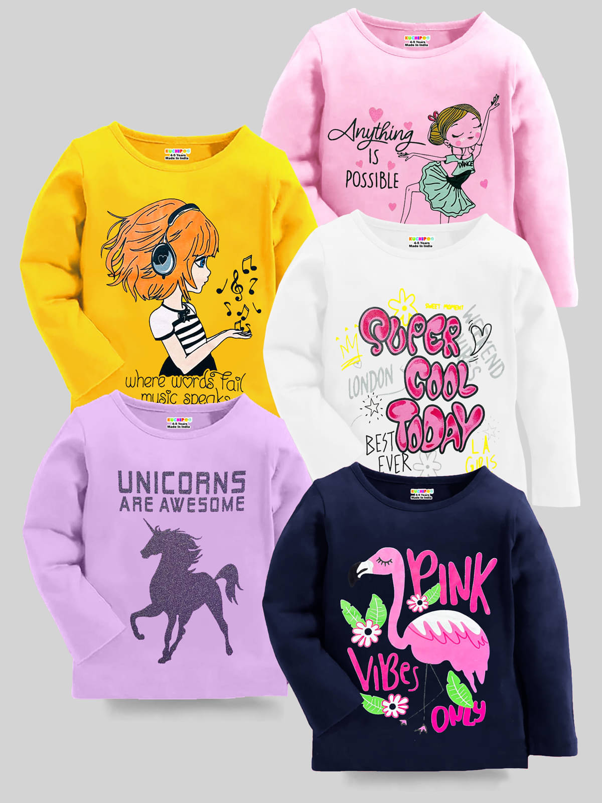     			Kuchipoo Pack of 5 Girls Cotton Blend T-Shirt ( Multicolor4 )