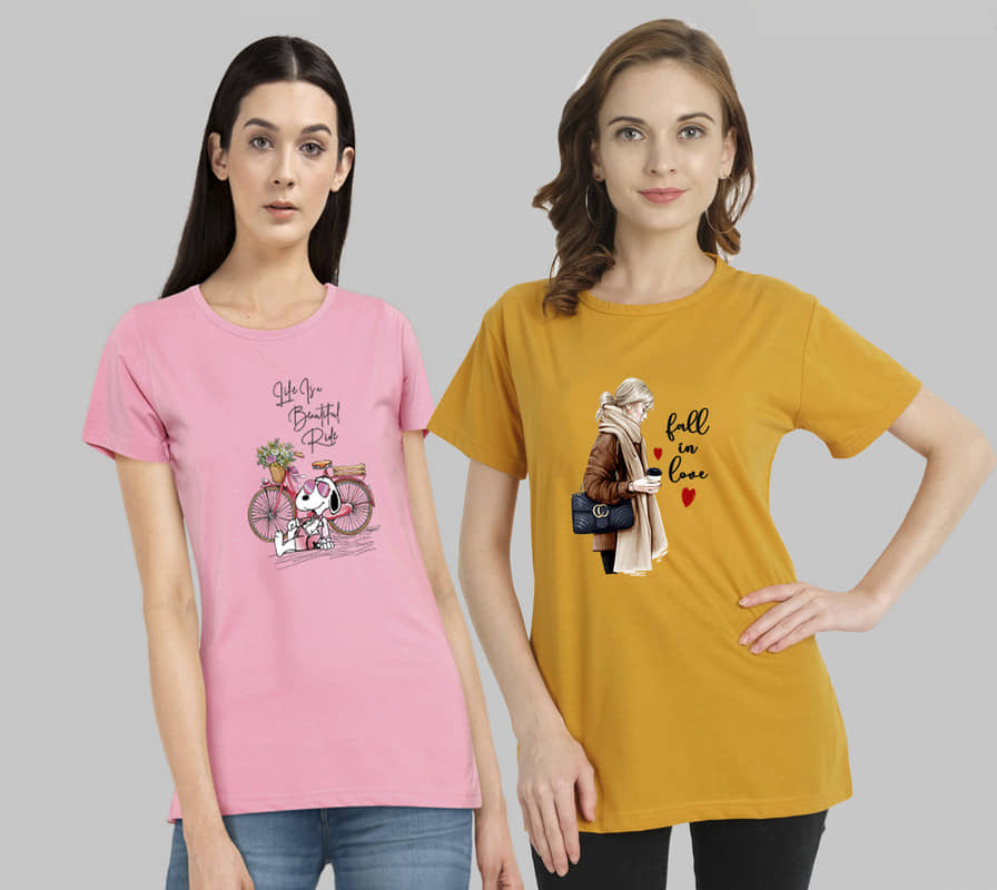 CHOZI Women Cotton Blend Printed Regular Fit Round Neck T-Shirt ( Multi Color )