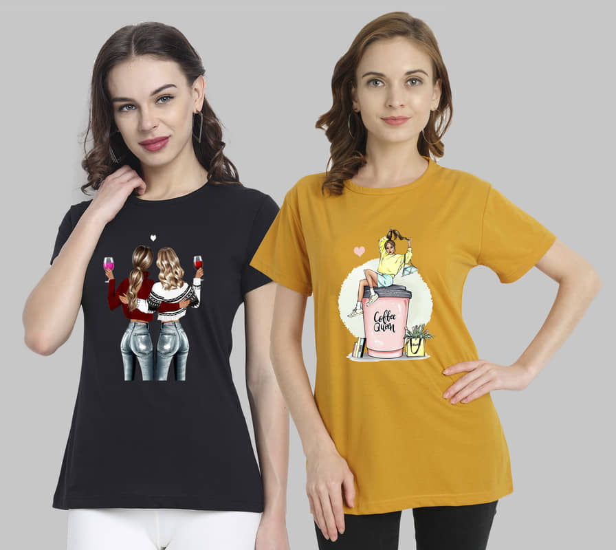 CHOZI Women Cotton Blend Printed Regular Fit Round Neck T-Shirt ( Multi Color )