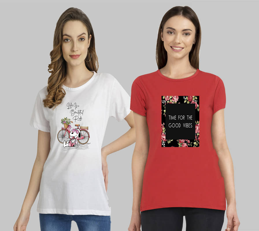 CHOZI Women Cotton Blend Printed Regular Fit Round Neck T-Shirt ( Multi Color )