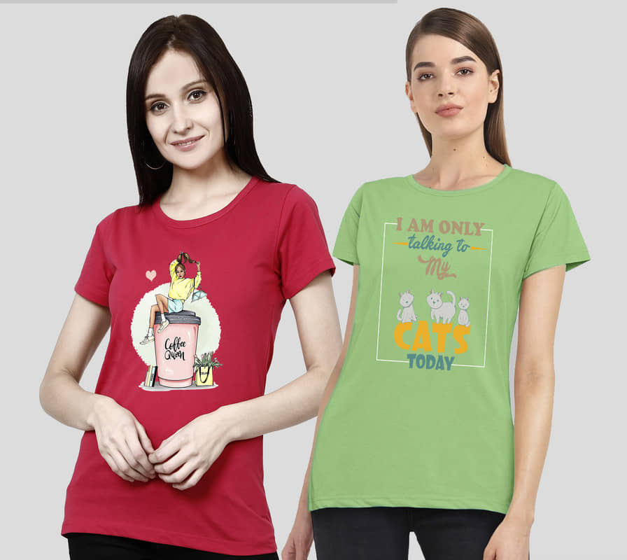 CHOZI Women Cotton Blend Printed Regular Fit Round Neck T-Shirt ( Multi Color )
