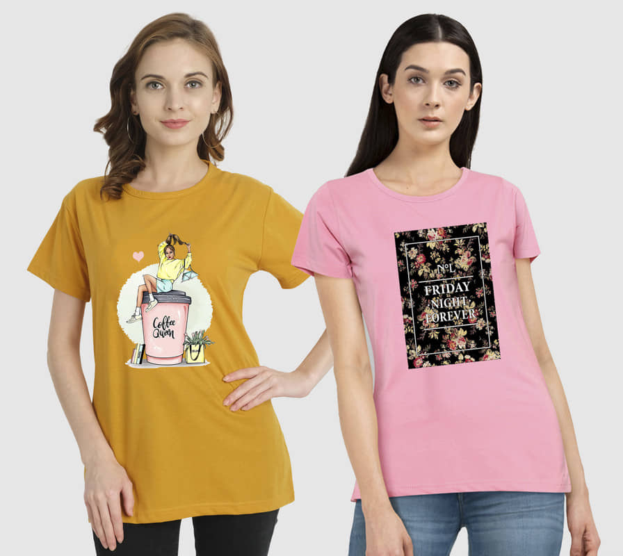 CHOZI Women Cotton Blend Printed Regular Fit Round Neck T-Shirt ( Multi Color )