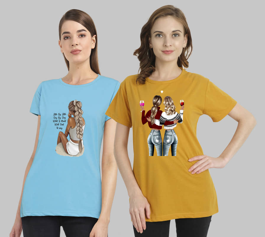 CHOZI Women Cotton Blend Printed Regular Fit Round Neck T-Shirt ( Multi Color )
