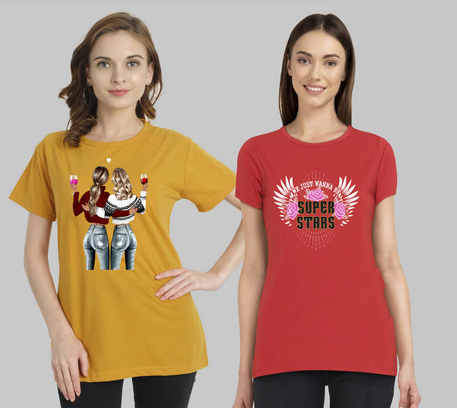 CHOZI Women Cotton Blend Printed Regular Fit Round Neck T-Shirt ( Multi Color )