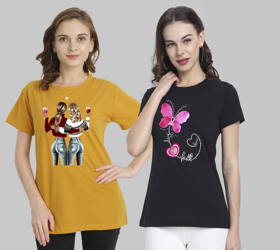 CHOZI Women Cotton Blend Printed Regular Fit Round Neck T-Shirt ( Multi Color )