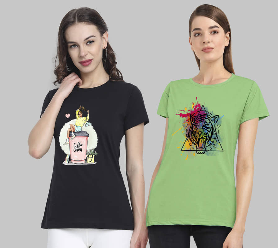 CHOZI Women Cotton Blend Printed Regular Fit Round Neck T-Shirt ( Multi Color )