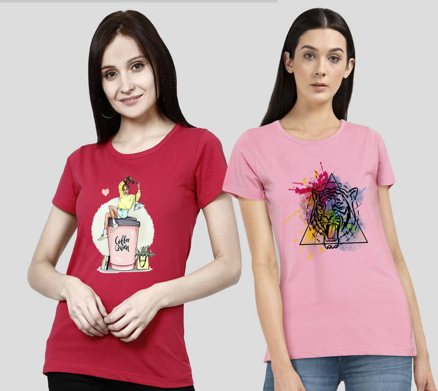 CHOZI Women Cotton Blend Printed Regular Fit Round Neck T-Shirt ( Pink )