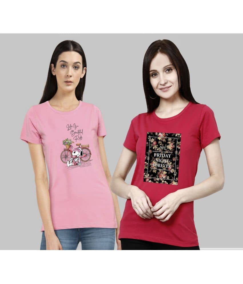 CHOZI Women Cotton Blend Printed Regular Fit Round Neck T-Shirt ( Pink )